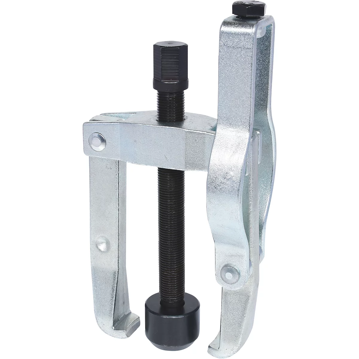 Metall Abzieher mit dreibeiniger Konstruktion. Mittig eine schwarze Gewindestange. Die Haken greifen das Werkstück.